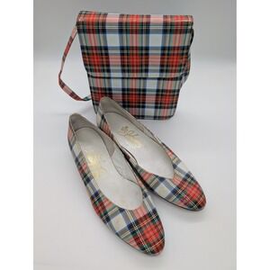 Vintage Johansen Plaid Pump Shoe &  Handbag Set Multi-Color Tartan Womens Size 7